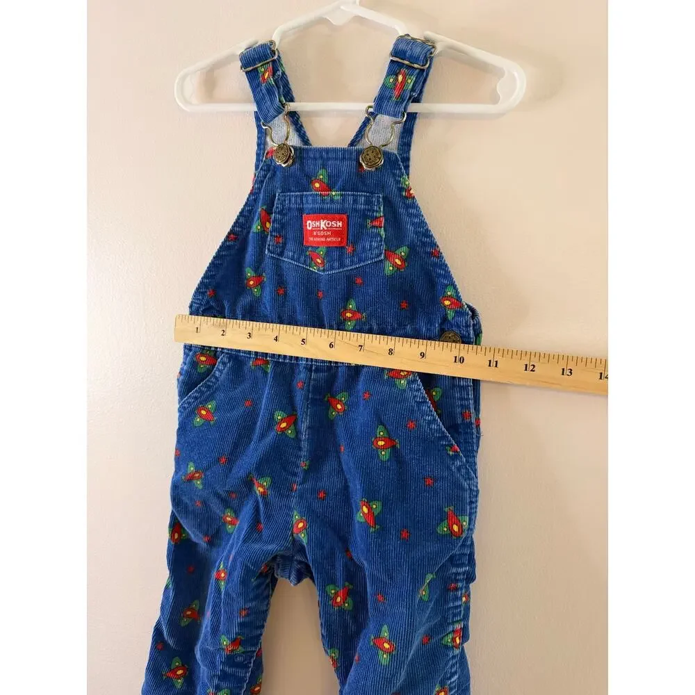VTG OshKosh B’Gosh Vestbak Rocket Print Corduroy Overalls 24M EUC USA Rare 80s